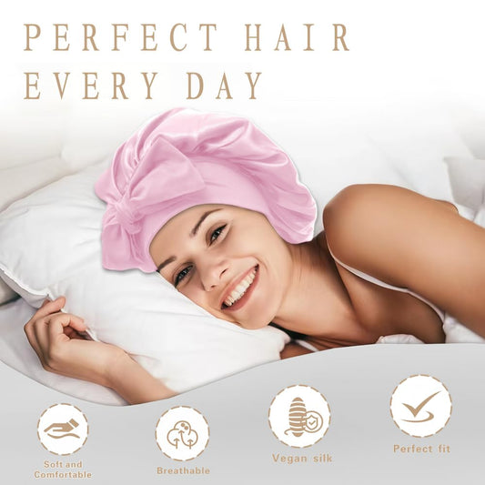 Silk Bonnet for Sleeping Women, Ajustable Hair Bonnet for Curly Hair with Tie Band Shower Caps Pink,Large