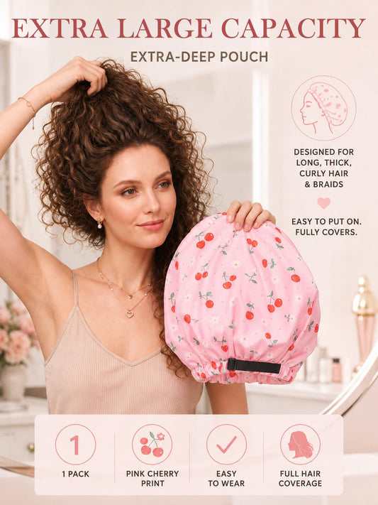 Aquior Shower Cap for Women, Extra Adjustable Shower Caps for Women Double-Layer Waterproof Reusable Hair Cap, Large Size Hair Cap for All Hair,for Girls Men Spa Bath,Soft and Comfortable (Cherry)