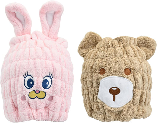 2 PCS Microfiber Hair Towel Wrap for Kids, Girls & Women,Cute Unicorn and White Rabbit Dry Hair Cap - Super Absorbent Quick Drying, Lightweight Turban Towel for Wet Hair (Brown) (Color A)