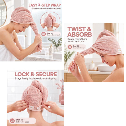 M-bestl 2 Pack Microfiber Hair Towel Wrap with Button,Quick Dry(Pink&Beige)