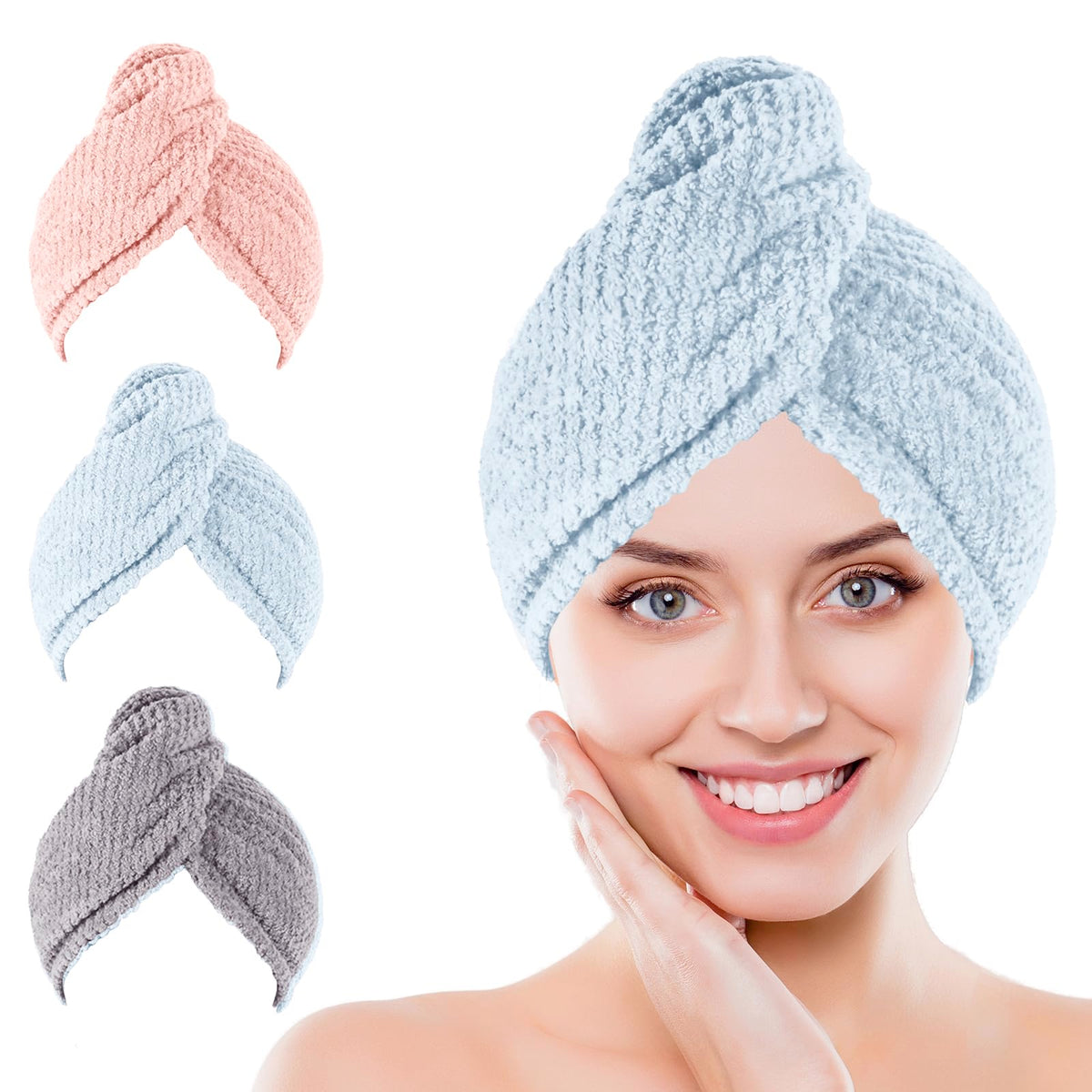 Microfiber Hair Towel Wrap, 3 Pack (Gray) Soft Hair Drying Towel
