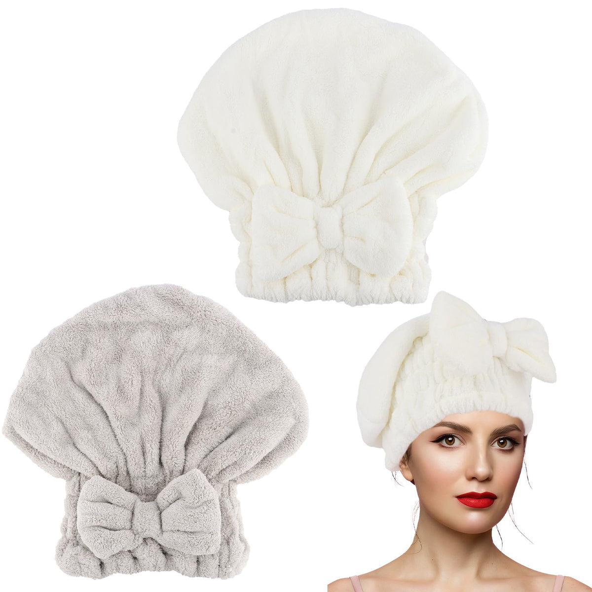 2Pcs Shower Cap Hair Towel Wrap for Women Ultra Absorbent Microfiber Hair Drying Caps with Cute Bow, Soft Plush Hair Towel Wraps for Women Girls (White&Gray)