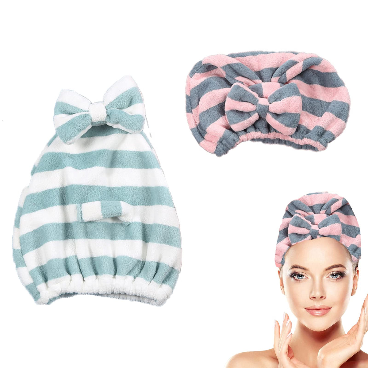 Large Microfiber Hair Towel Cap,Rapid Drying Towel For Hair,Ultra Soft Super Absorbent Hair Drying Towel Turban,Cute Gray&Pink Bow Hair Towel Wrap,Hair Drying Towels For Women Fast Dry(2pack)