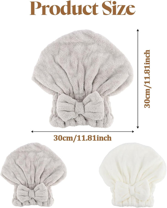 2Pcs Shower Cap Hair Towel Wrap for Women Ultra Absorbent Microfiber Hair Drying Caps with Cute Bow, Soft Plush Hair Towel Wraps for Women Girls (White&Gray)