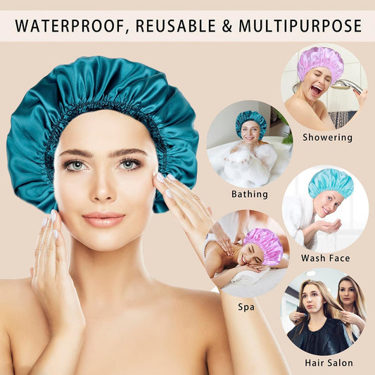 Shower Caps for Women, 4 PCS Reusable Waterproof Bath Cap