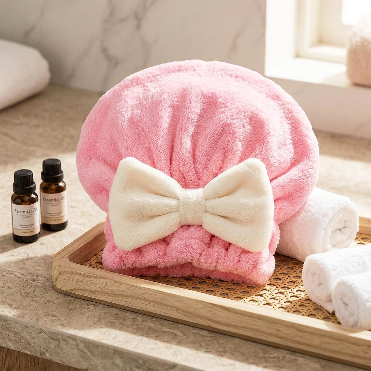 2PCS Hair Towel Wrap for Women, Soft Microfiber Hair Drying Caps with Bow, Super Absorbent Fast Drying Towel Wrap for Shower Bathroom Daily - Pink, Blue