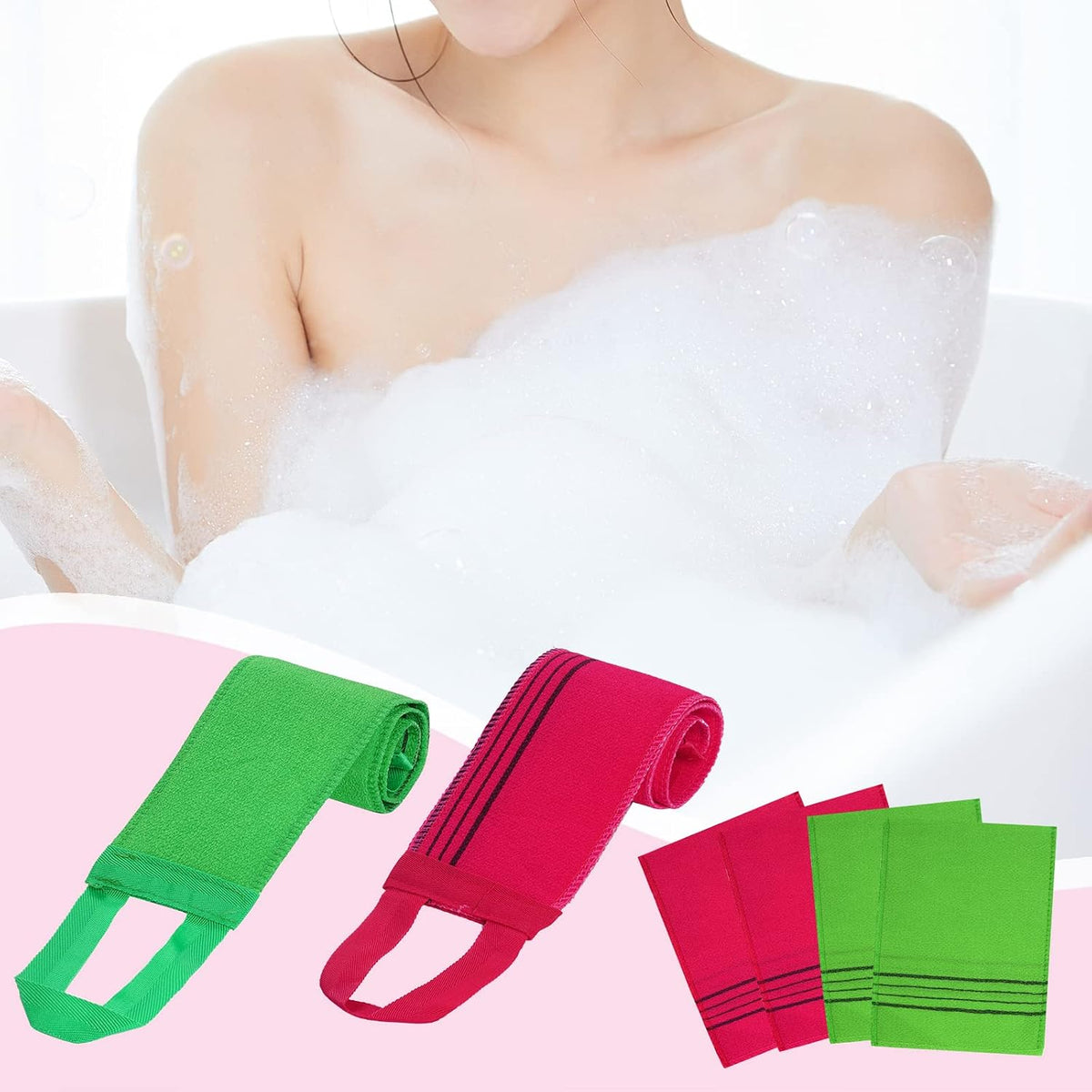 obmwang 6 Pieces Korean Exfoliating Mitts and Washcloth Set, Asian Exfoliating Bath Washcloth and Korean Long Towels Back Scrubber for Women Men Shower Washing