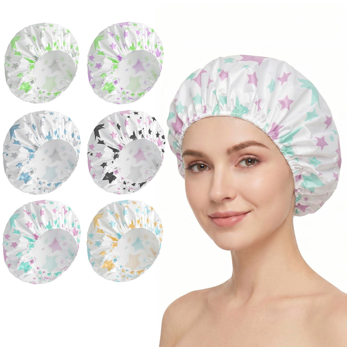 6 PCS Shower Capsfor Women, Reusable Waterproof Bath Caps