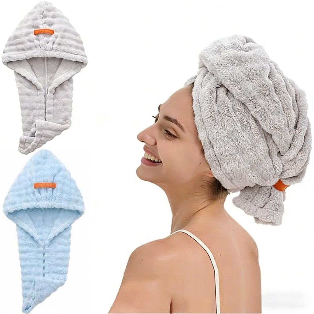 Microfiber hair drying cap,Two-piece set of extra-thick hair drying caps