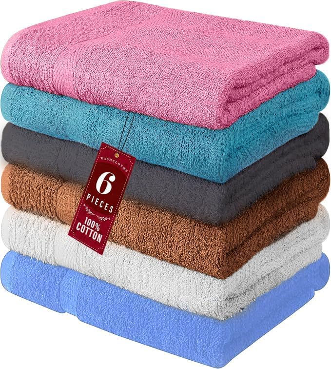 QUBA LINEN 100% Cotton Bath Towels-27x54inch - 6 Pack Shower Towels - Light Weight, Ultra Absorbent Towels for Bathroom (Multi Color)