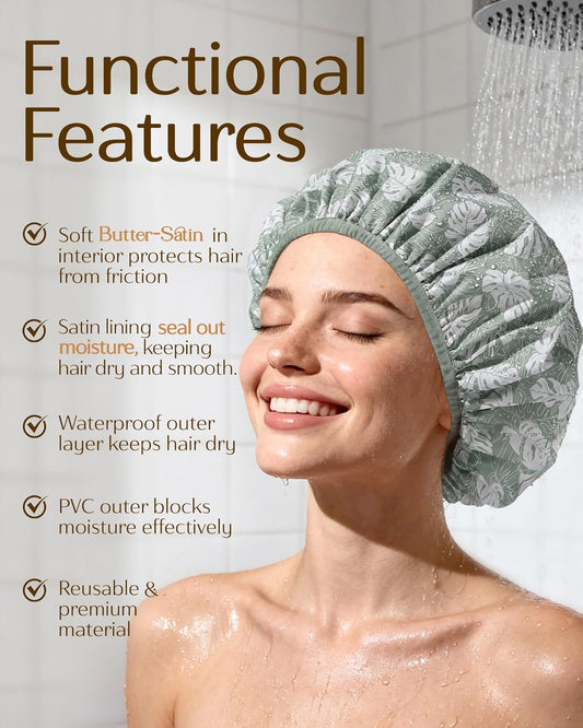 Yanibest Frizz Free Satin Lined Shower Cap with Soft Elastic Band