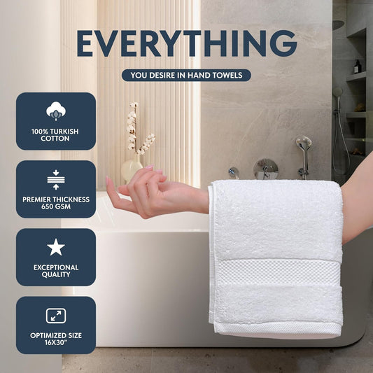 White Classic Luxury White Hand Towels - 100% Turkish Cotton, 16x30, 6 Pack