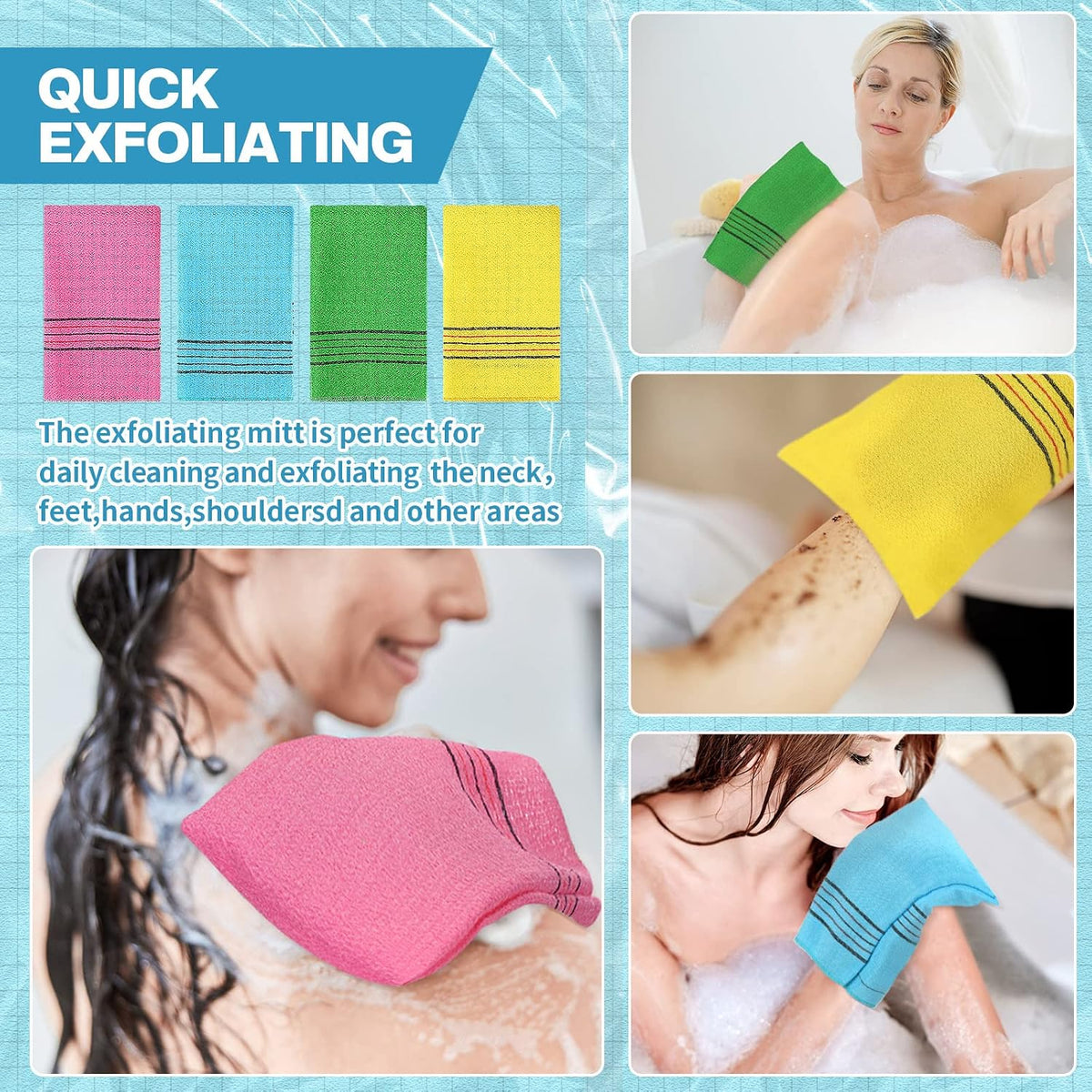 50 Pcs Korean Exfoliating Washcloth Large Size Mitt Scrub Exfoliating Body Scrubber Back and Body Bath Washcloth Reusable for Removing Dry, Green, Blue, Pink, Yellow