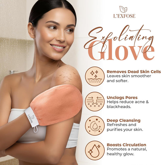 L’Exfose Kessa Hammam Deep Exfoliating Glove 2x – Korean Exfoliating Mitt for shower – Ideal for Dead Skin Remover, Keratosis Pilaris & Self-Tanning to Improve Skin Tone Made with 100% Natural Viscose