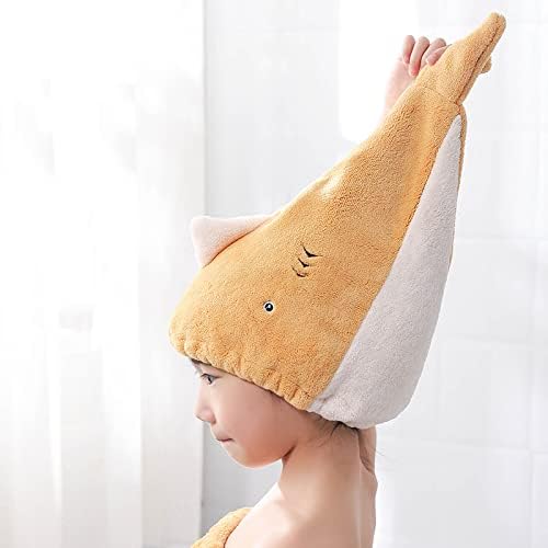 Hair Drying Towel for Kids Girls, Cute Cartoon Absorbent Quick Drying Bath Wrap Set for Bathing, Swimming Pool, Soft Microfiber Cap for Curly Long & Wet Hair, Yellow Towel