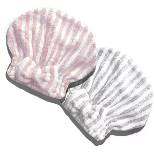 Microfiber Hair Towel Wrap, Soft Absorbent & Quick Drying Cap Set for Curly Thick Hair, Women & Girls - 2 Pcs (Stripe & Gray)