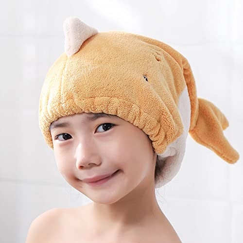 Hair Drying Towel for Kids Girls, Cute Cartoon Absorbent Quick Drying Bath Wrap Set for Bathing, Swimming Pool, Soft Microfiber Cap for Curly Long & Wet Hair, Yellow Towel