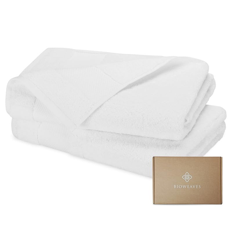 BIOWEAVES 100% Organic Cotton 700 GSM Plush Bath Towels 30" x 58" GOTS Certified - White, Pack of 2