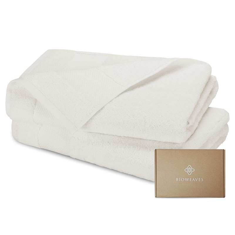 BIOWEAVES 100% Organic Cotton 700 GSM Plush Bath Towels 30" x 58" GOTS Certified - White, Pack of 2