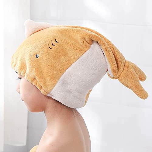 Hair Drying Towel for Kids Girls, Cute Cartoon Absorbent Quick Drying Bath Wrap Set for Bathing, Swimming Pool, Soft Microfiber Cap for Curly Long & Wet Hair, Yellow Towel