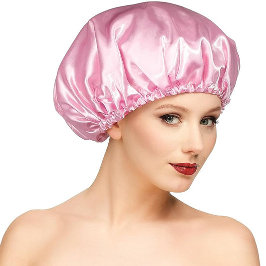 Essential Aura's Luxe Waterproof Shower Cap – Reusable Double-Layer, Non-Slip Cap for Women, One Size Fits All Hair Types (Pink)