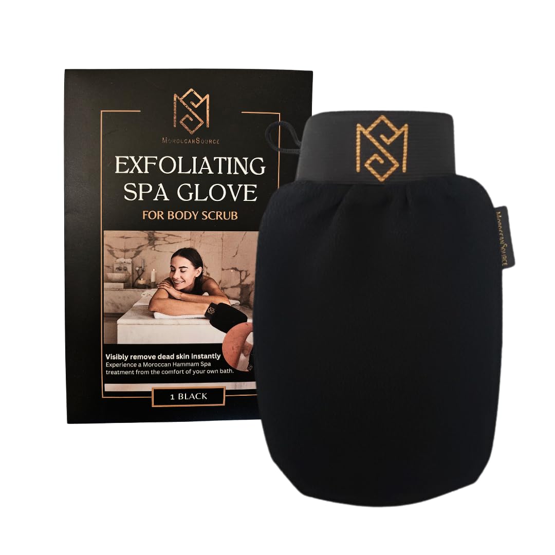 Exfoliating Glove Kessa Mitt Body Scrubber – Dead Skin Remover Shower Glove for Deep Pore Cleansing, Black Soap, and Moisturizer by Moroccan Source – 3 Piece Spa Set Kit
