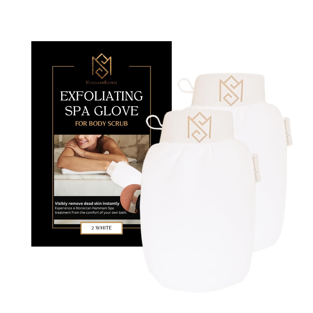 Exfoliating Glove Kessa Mitt Body Scrubber – Dead Skin Remover Shower Glove for Deep Pore Cleansing, Black Soap, and Moisturizer by Moroccan Source – 3 Piece Spa Set Kit
