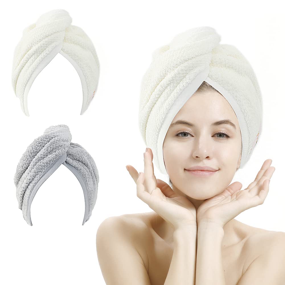 M-bestl 2 Pack Microfiber Hair Towel Wrap with Button,Quick Dry(Pink&Beige)