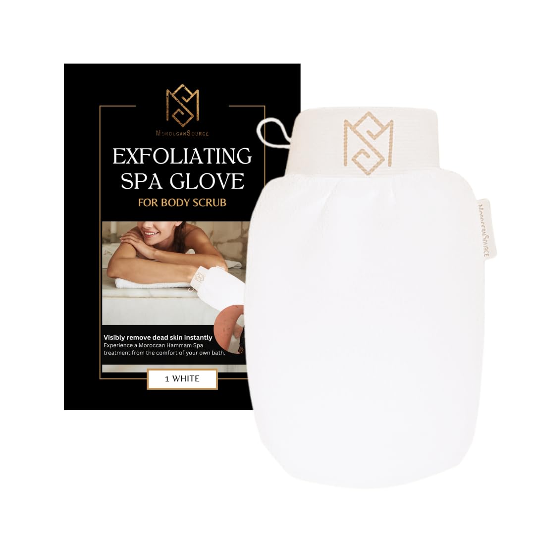 Exfoliating Glove Kessa Mitt Body Scrubber – Dead Skin Remover Shower Glove for Deep Pore Cleansing, Black Soap, and Moisturizer by Moroccan Source – 3 Piece Spa Set Kit