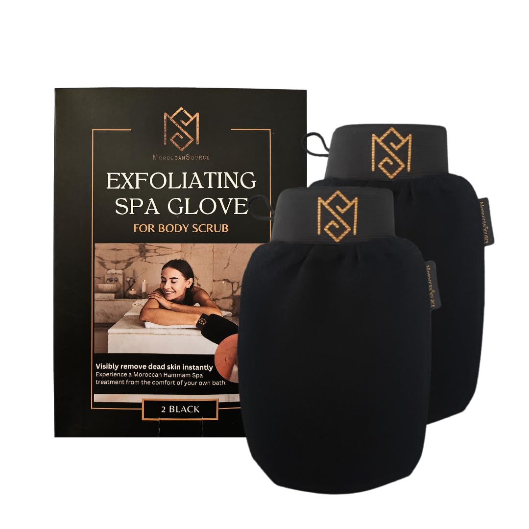 Exfoliating Glove Kessa Mitt Body Scrubber – Dead Skin Remover Shower Glove for Deep Pore Cleansing, Black Soap, and Moisturizer by Moroccan Source – 3 Piece Spa Set Kit