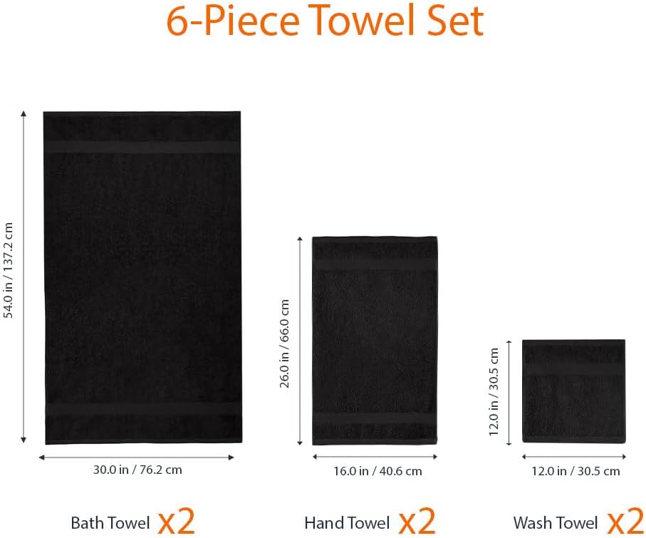 Amazon Basics 6-Piece Highly Absorbent Fade-Resistant Towel Set, 100% Cotton Towels for Bathroom, Soft, 2 Bath Towels, 2 Hand Towels, 2 Washcloths, Black