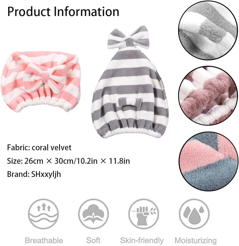 Large Microfiber Hair Towel Cap,Rapid Drying Towel For Hair,Ultra Soft Super Absorbent Hair Drying Towel Turban,Cute Gray&Pink Bow Hair Towel Wrap,Hair Drying Towels For Women Fast Dry(2pack)