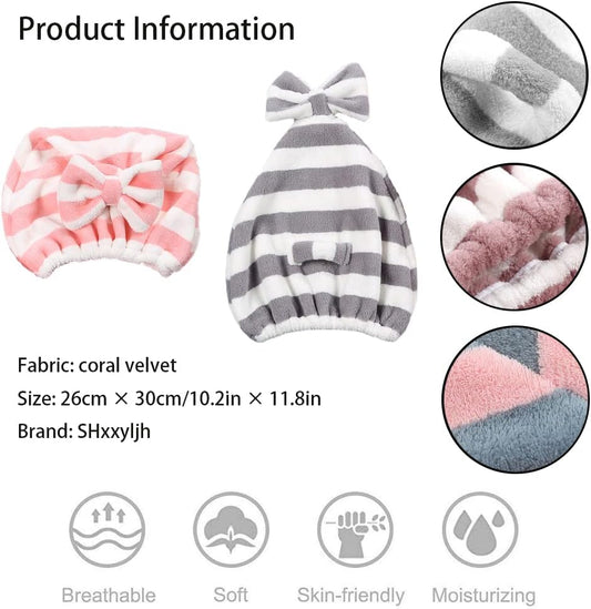 Large Microfiber Hair Towel Cap,Rapid Drying Towel For Hair,Ultra Soft Super Absorbent Hair Drying Towel Turban,Cute Gray&Pink Bow Hair Towel Wrap,Hair Drying Towels For Women Fast Dry(2pack)