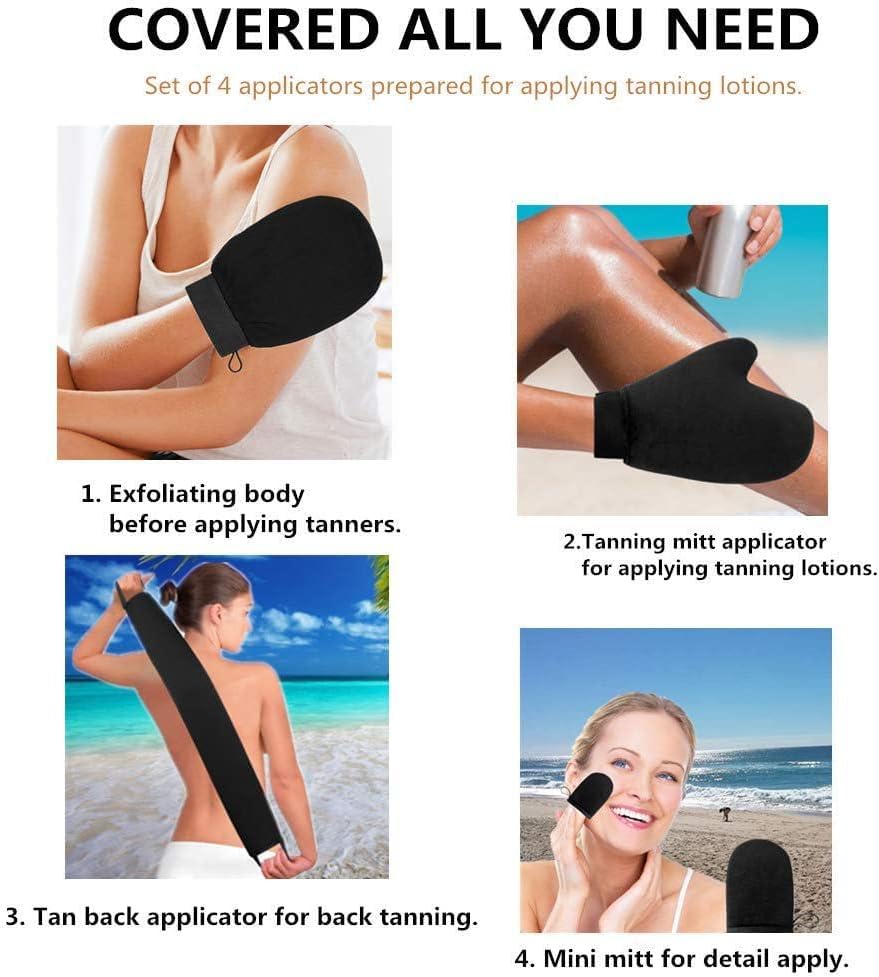 Yvoier Self Tanning Mitt Applicator Kit 4 in 1 Self Applicator Set with Exfoliating Glove,Tan Mitt Applicator, Tanning Back Lotion Applicators for Your Back,Face Mitt for Tanning Lotion, Spray, Mousse