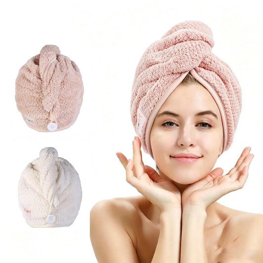 M-bestl 2 Pack Microfiber Hair Towel Wrap with Button,Quick Dry(Pink&Beige)