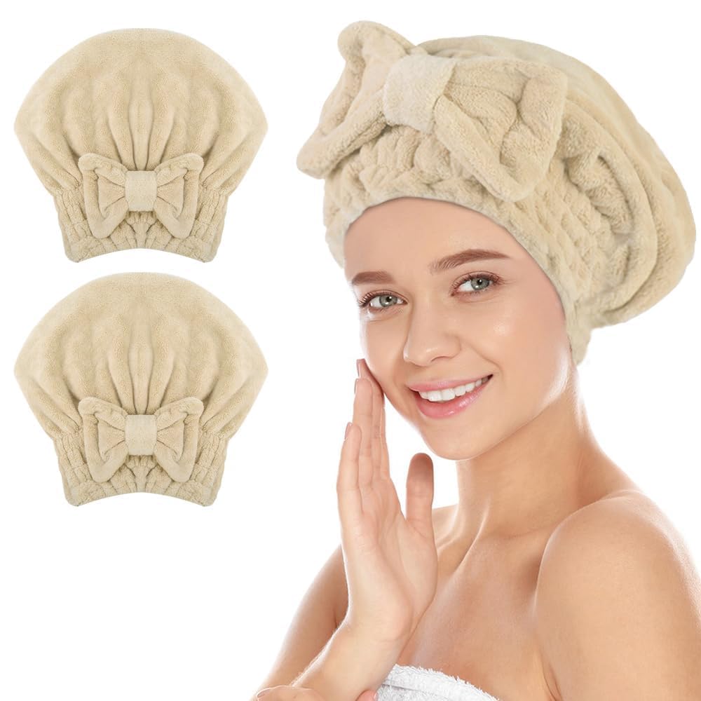 SUNLAND Large Microfiber Hair Drying Caps with Bow Knot 2 Pack Lightpurple