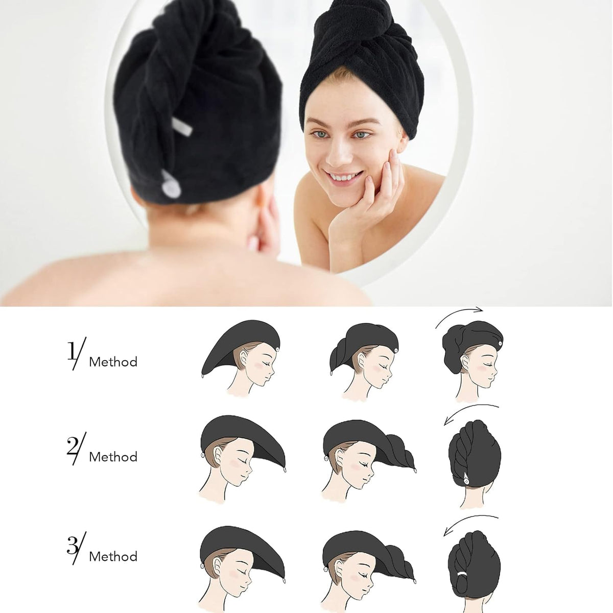 SINLAND Hair Drying Cap Hair Towel for Women 3 Pack Black