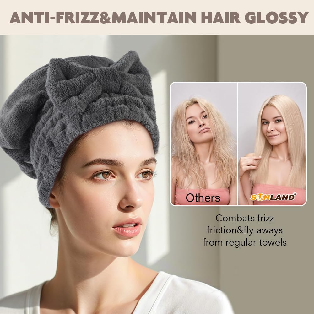 SUNLAND Large Microfiber Hair Drying Caps with Bow Knot 2 Pack Grey
