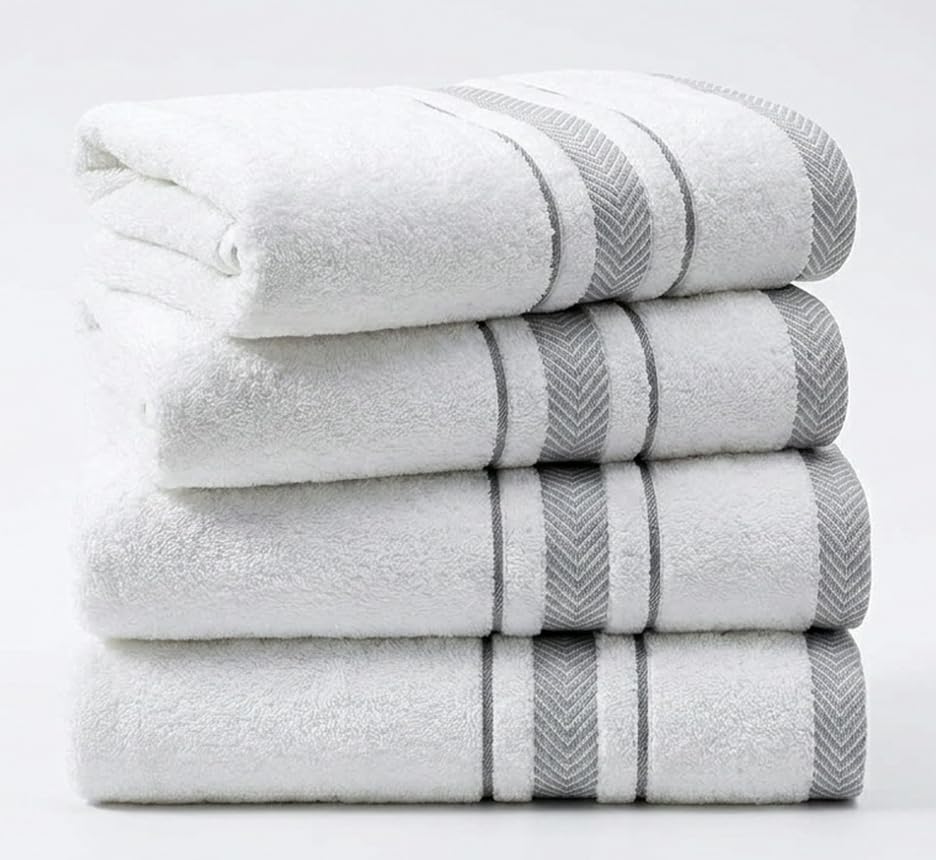 Bath Towels Set for Bathroom – Luxury 6-Piece Cotton Towels, Soft Absorbent & Quick Dry, 600 GSM Bath Towels for Bathroom, Hotel Spa Quality (White/Grey, 6- Bath Towel Set)