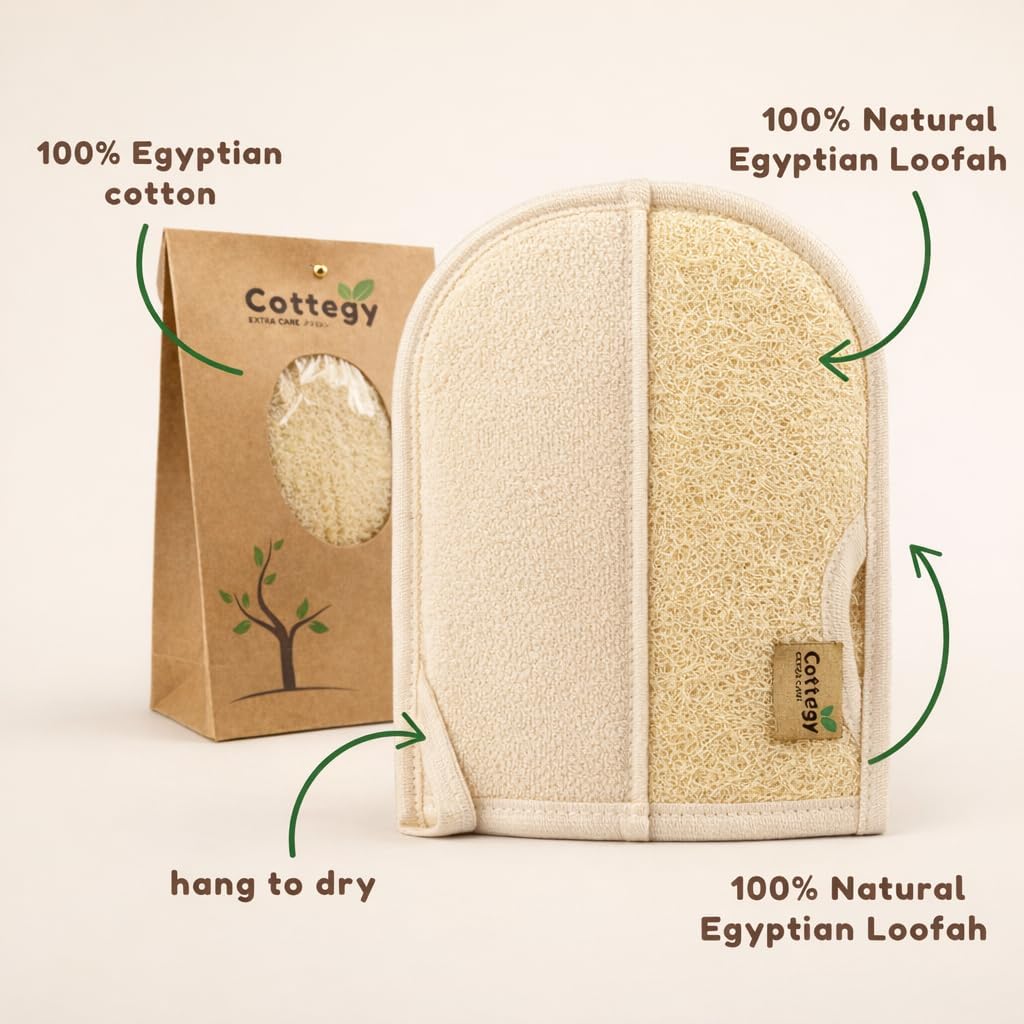 Premium Exfoliating Loofah Gloves – Natural Egyptian Loufa Sponge Body Scrubber Mitts for Soft, Radiant Skin – Left and Right Thumb Holes - Gentle Exfoliation & Deep Clean (1-Pack) (Count 2)