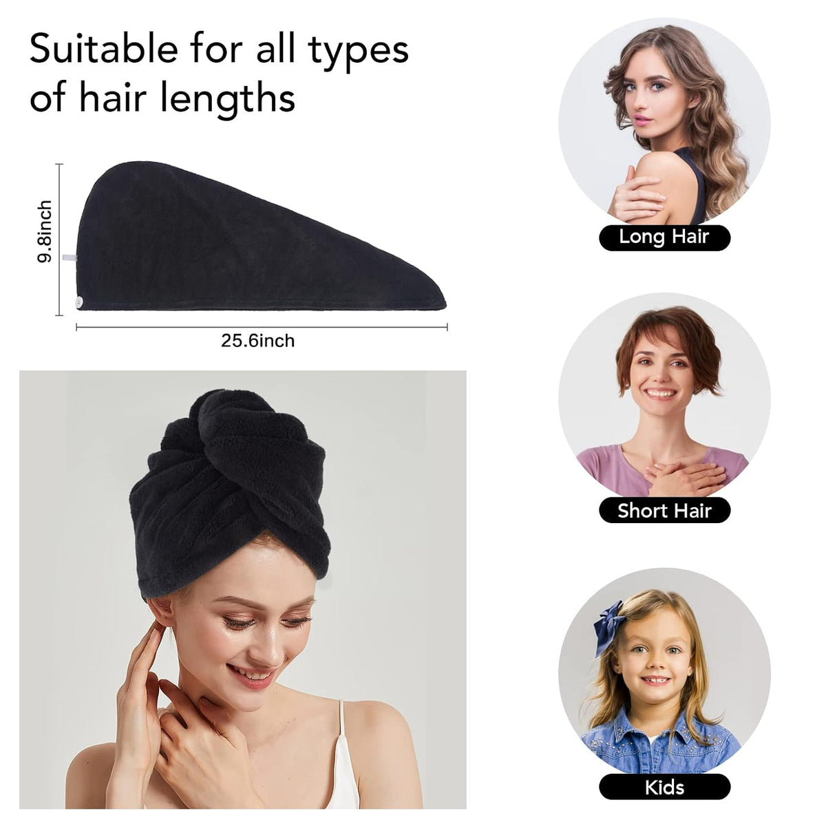 SINLAND Hair Drying Cap Hair Towel for Women 3 Pack Black