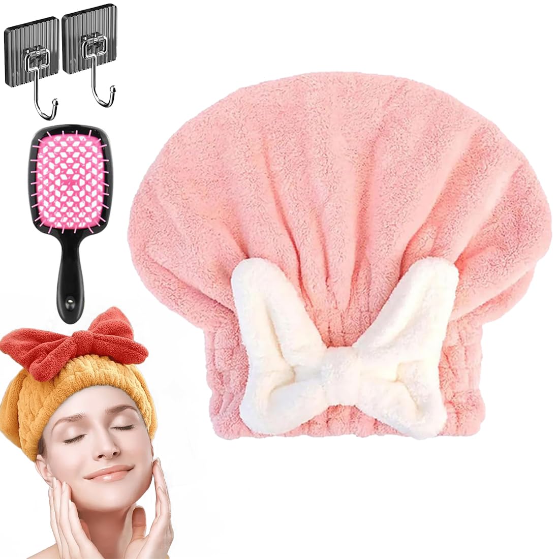New Super Absorbent Hair Towel Wrap for Wet Hair, Microfiber Super Absorbent Hair Towel Wrap, Soft Absorbent Quick Drying Cap with Bow-Knot, Make Your Hair Smoother and shinier (2Pcs-A)