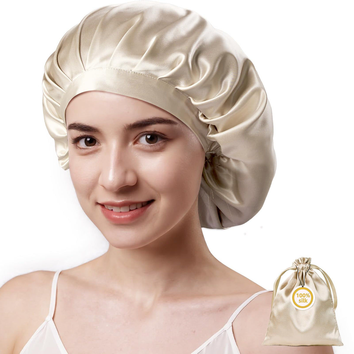 Kaome 100% Mulberry Silk Bonnet for Sleeping Women, Large Double Layer