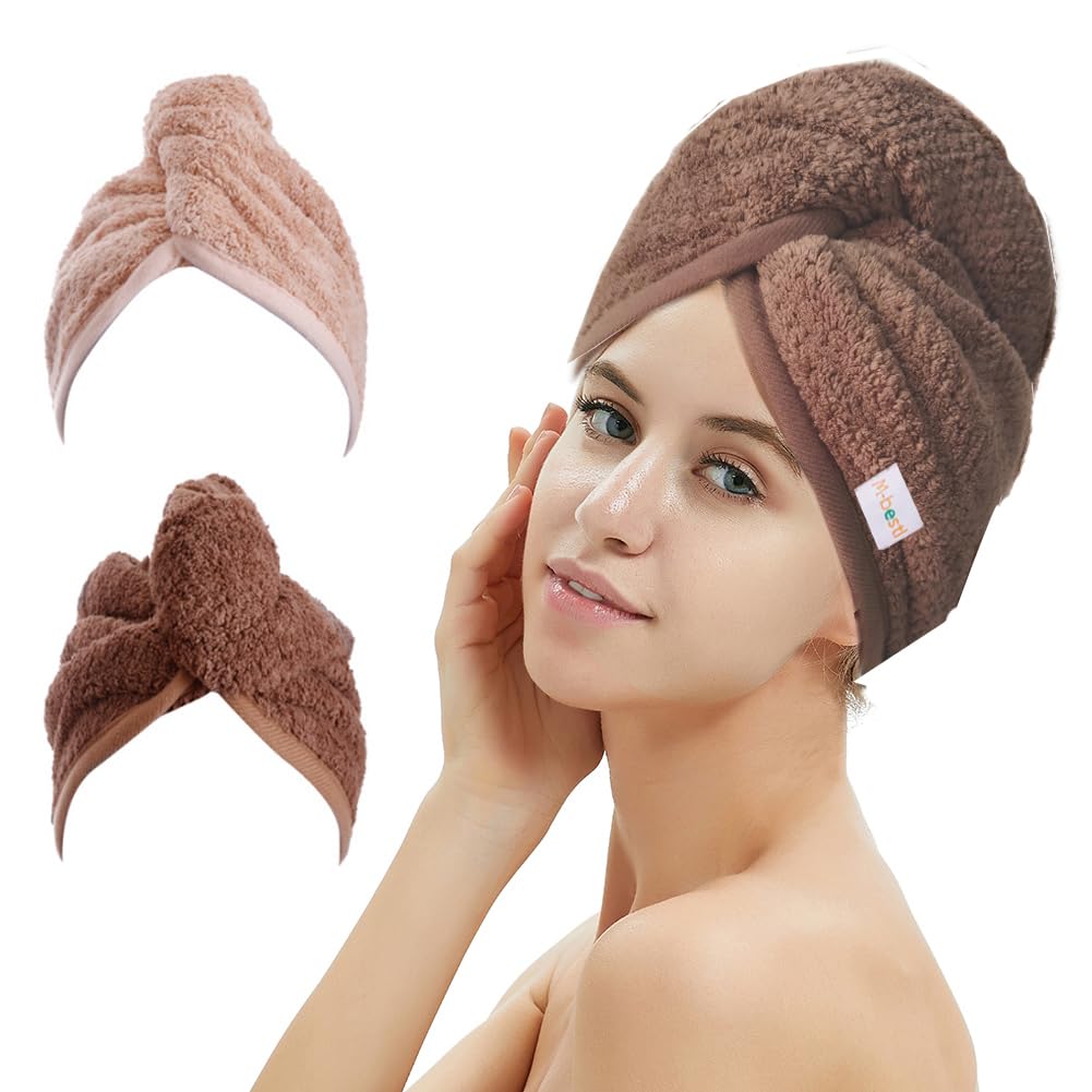 M-bestl 2 Pack Microfiber Hair Towel Wrap with Button,Quick Dry(Pink&Beige)