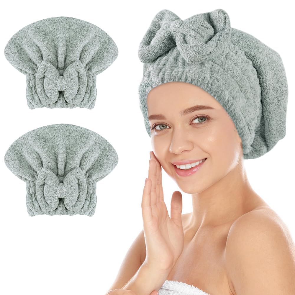 SUNLAND Large Microfiber Hair Drying Caps with Bow Knot 2 Pack Grey
