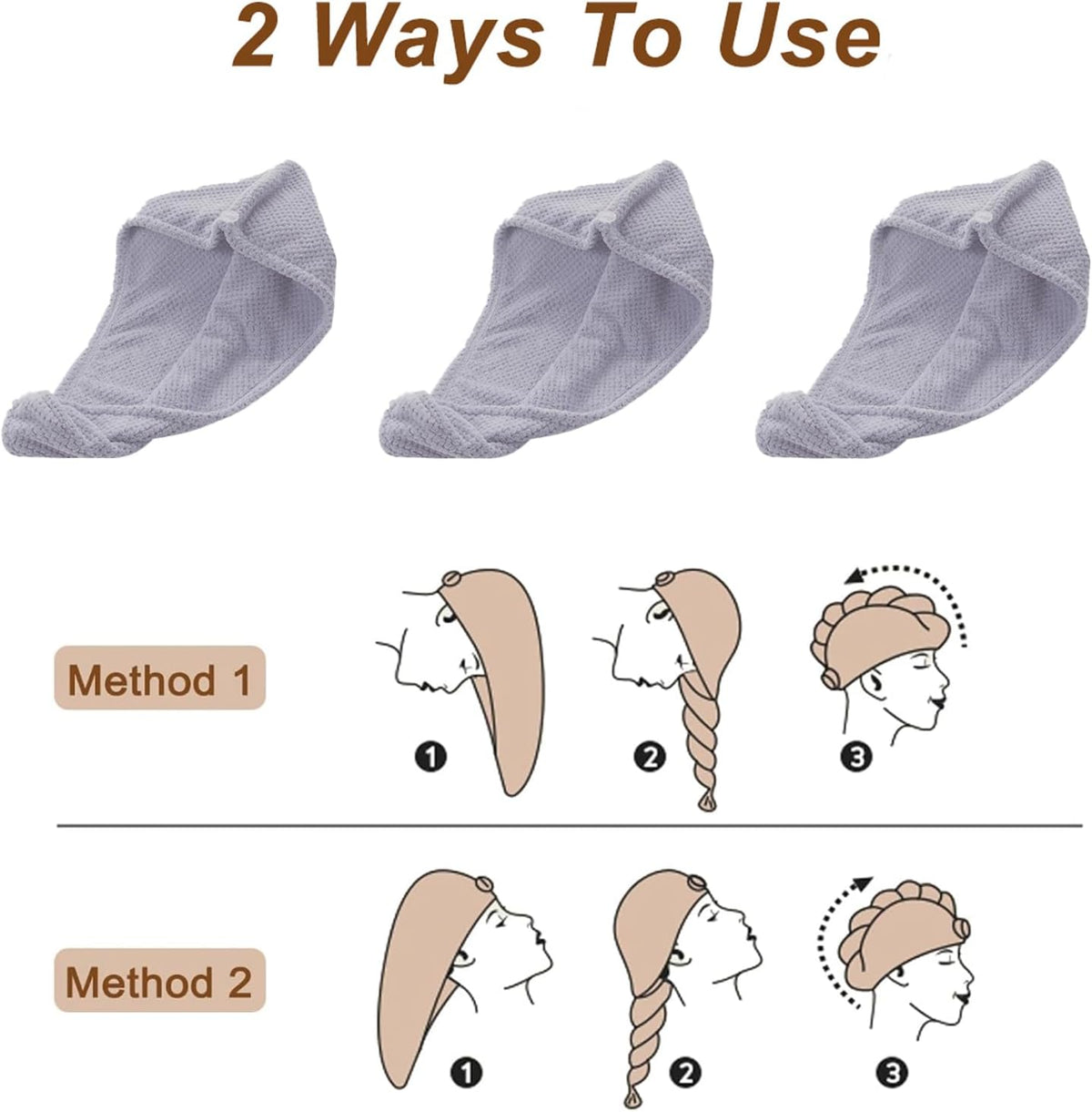 Microfiber Hair Towel Wrap, 3 Pack (Gray) Soft Hair Drying Towel