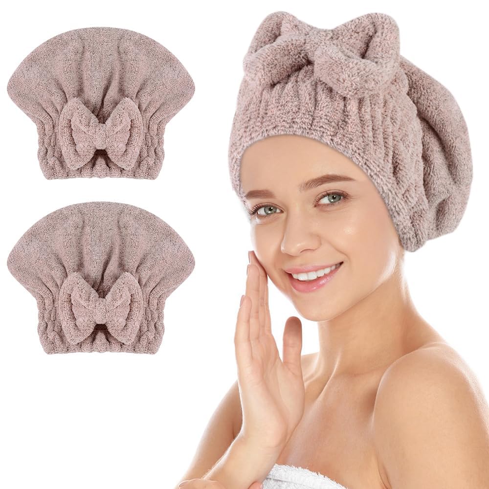 SUNLAND Large Microfiber Hair Drying Caps with Bow Knot 2 Pack Lightpurple