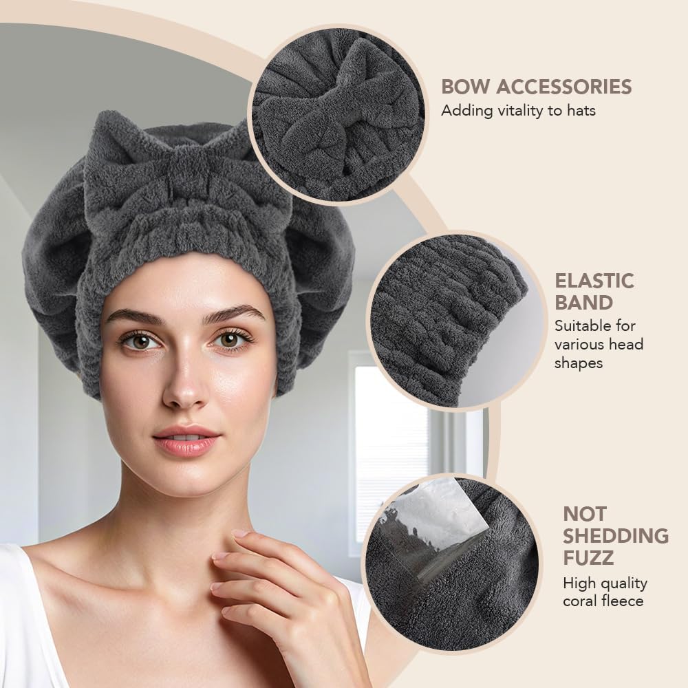SUNLAND Large Microfiber Hair Drying Caps with Bow Knot 2 Pack Grey