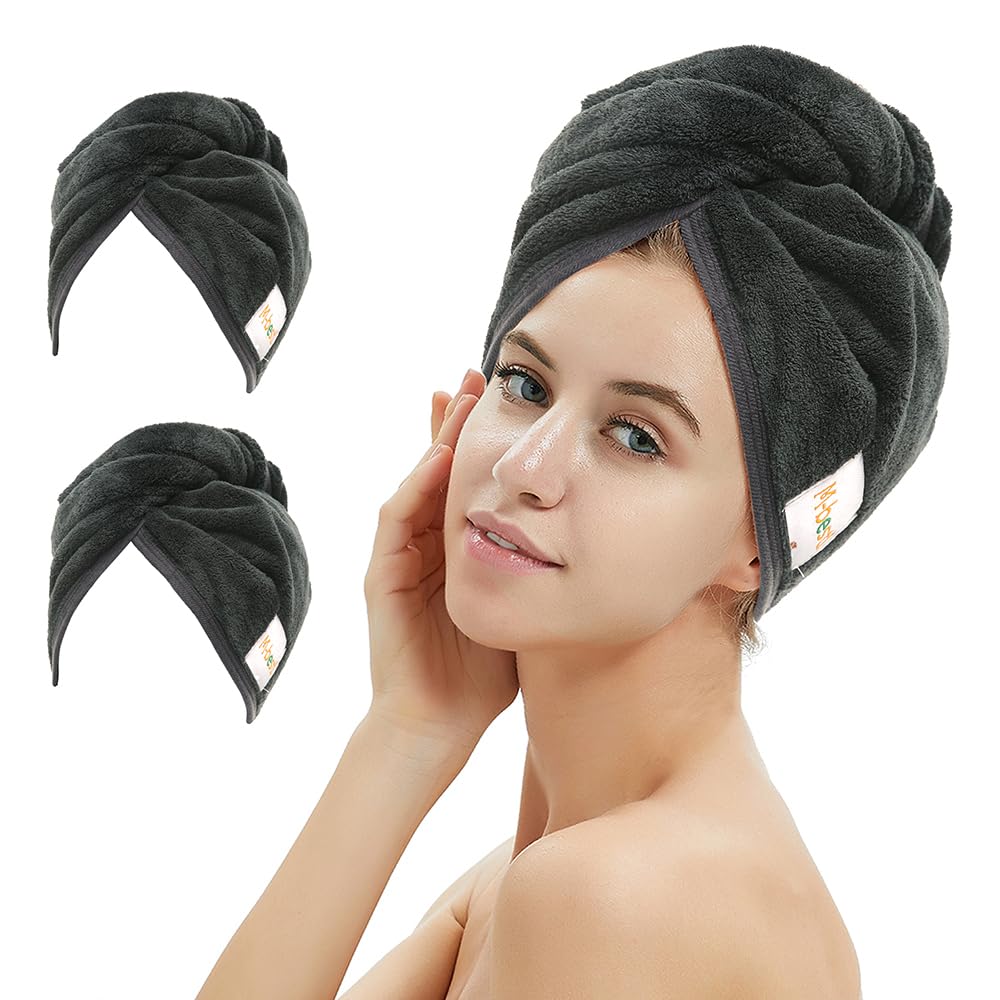 M-bestl 2 Pack Microfiber Hair Towel Wrap with Button,Quick Dry(Pink&Beige)