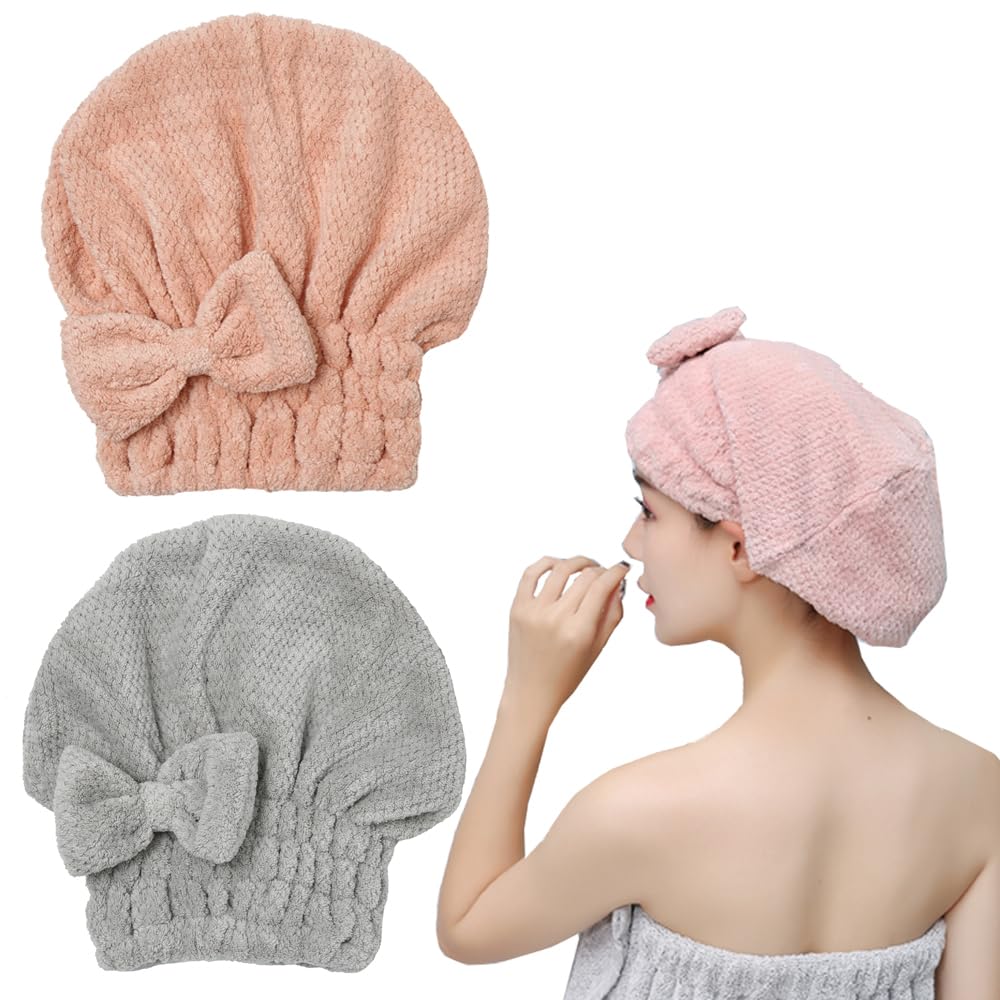 M-bestl 2 Pack Microfiber Hair Towel Wrap with Button,Quick Dry(Pink&Beige)